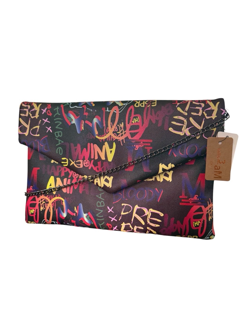 Graffiti Print Envelope Clutch w/ Gunmetal Chain Crossbody Strap